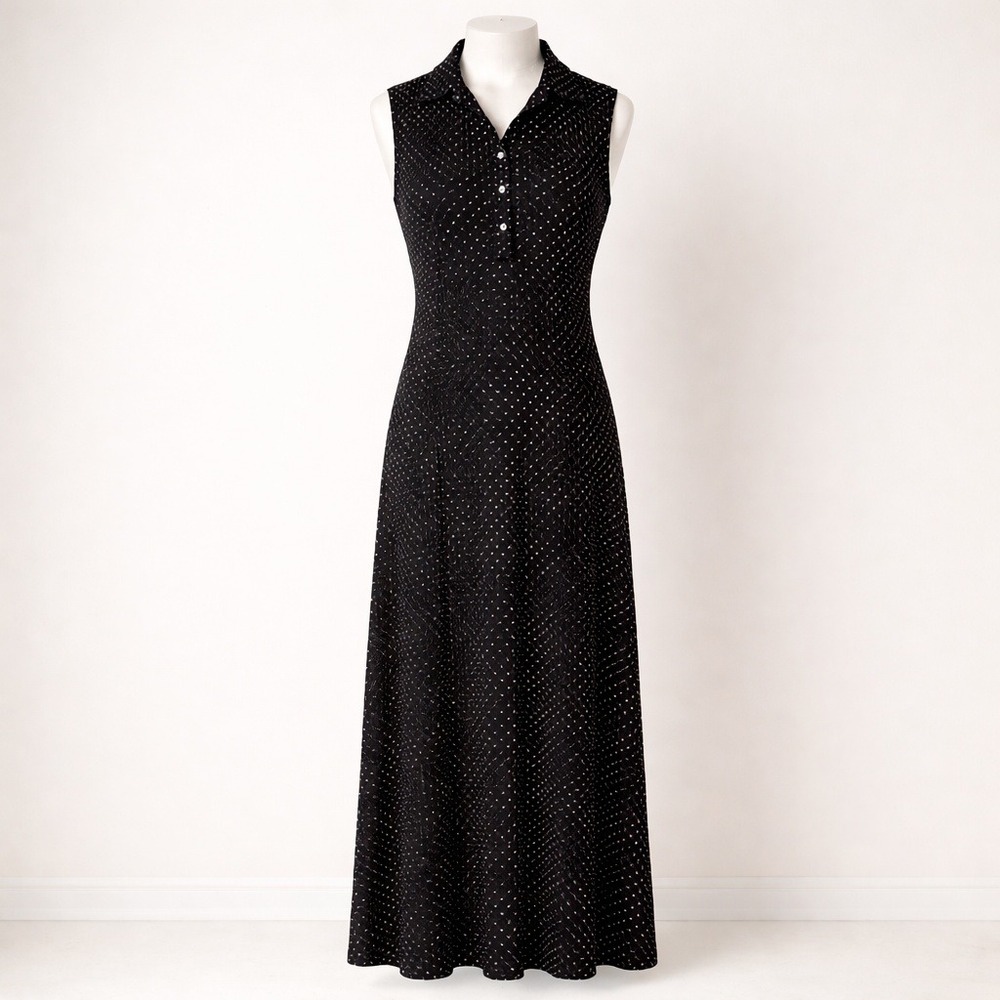 90's Ronni Nicole Black White Polka Dot Sleeveless Maxi Dress 12 Liquid Knit